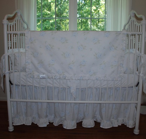 Crib Bedding Set - Shabby Faded Blue Cabbage Rose Deluxe Crib Bedding