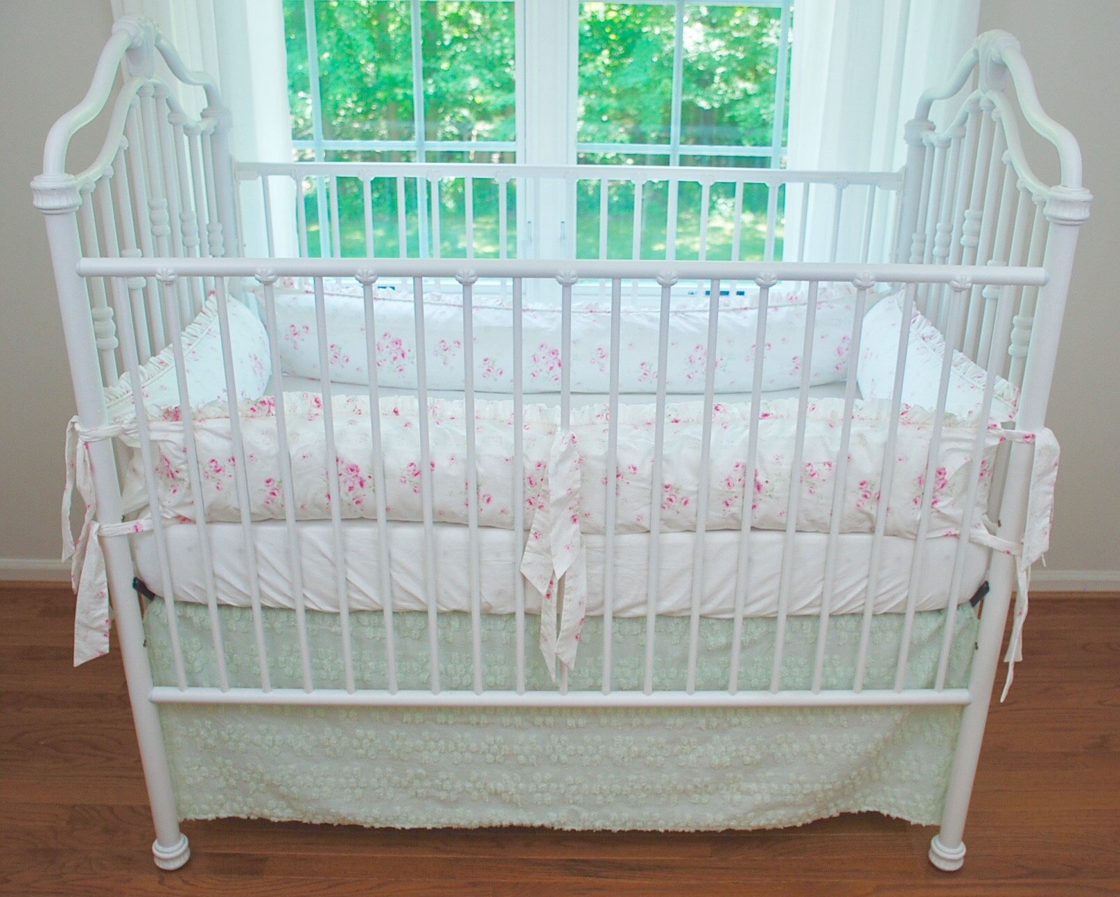 Crib Bedding Set - Shabby Angel Roses with Mint Chenille Skirt  Set#1