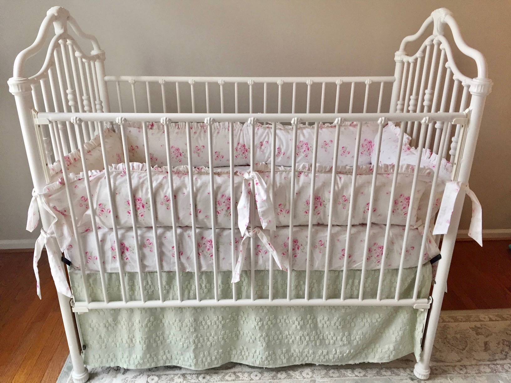 Crib Bedding Set - Shabby Sweet Angel Roses with Mint Chenille Skirt Set #2